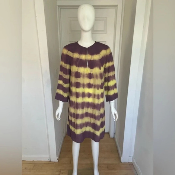 Egon Von Furstenberg Tie Dye Purple and Yellow 7/8 Sleeve Viscose Dress Size M - Picture 1 of 9